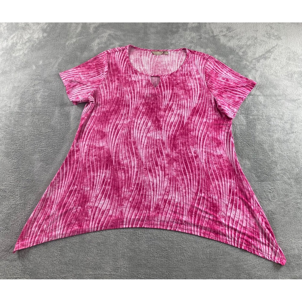 Coral Bay Women Pink Abstract Wave Sharkbite Tunic Top Keyhole Neck 1X Plus Size
